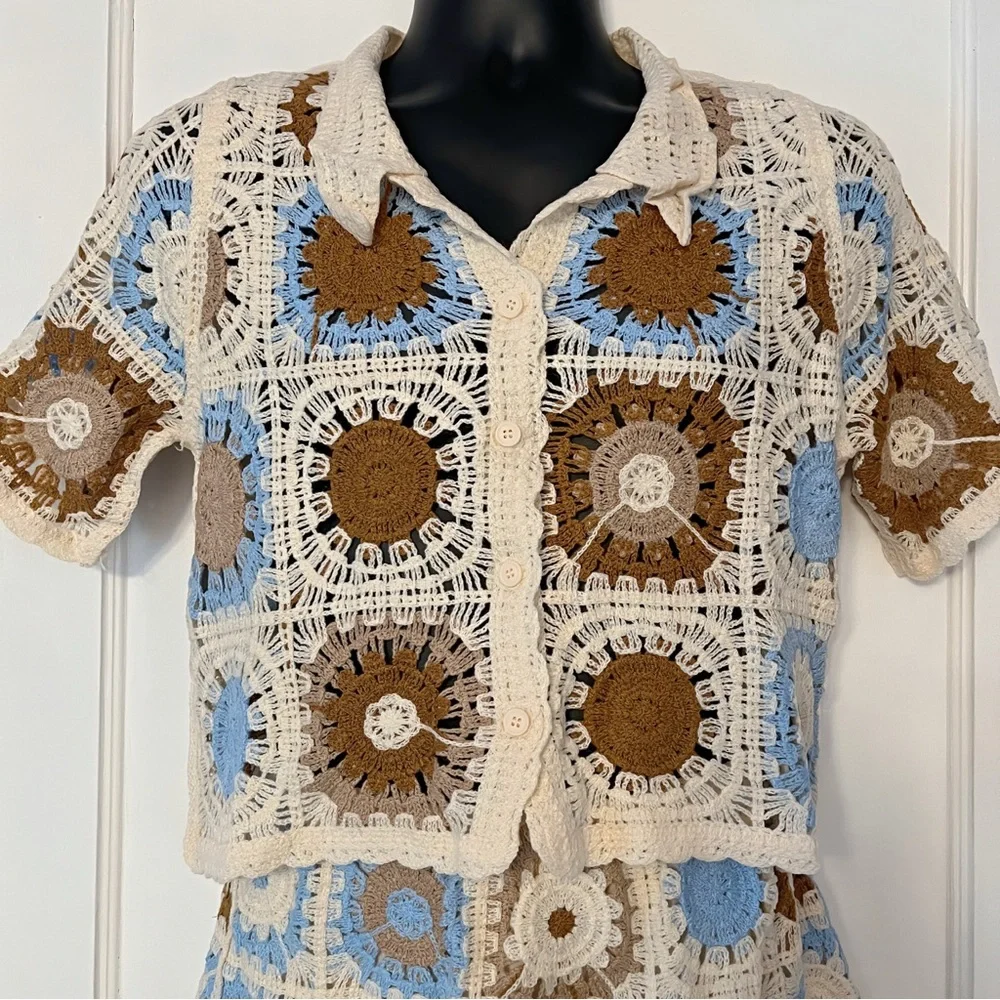 Boho Crochet 2-Piece Set Sunburst Knit Top & Skirt - Picture 4 of 11